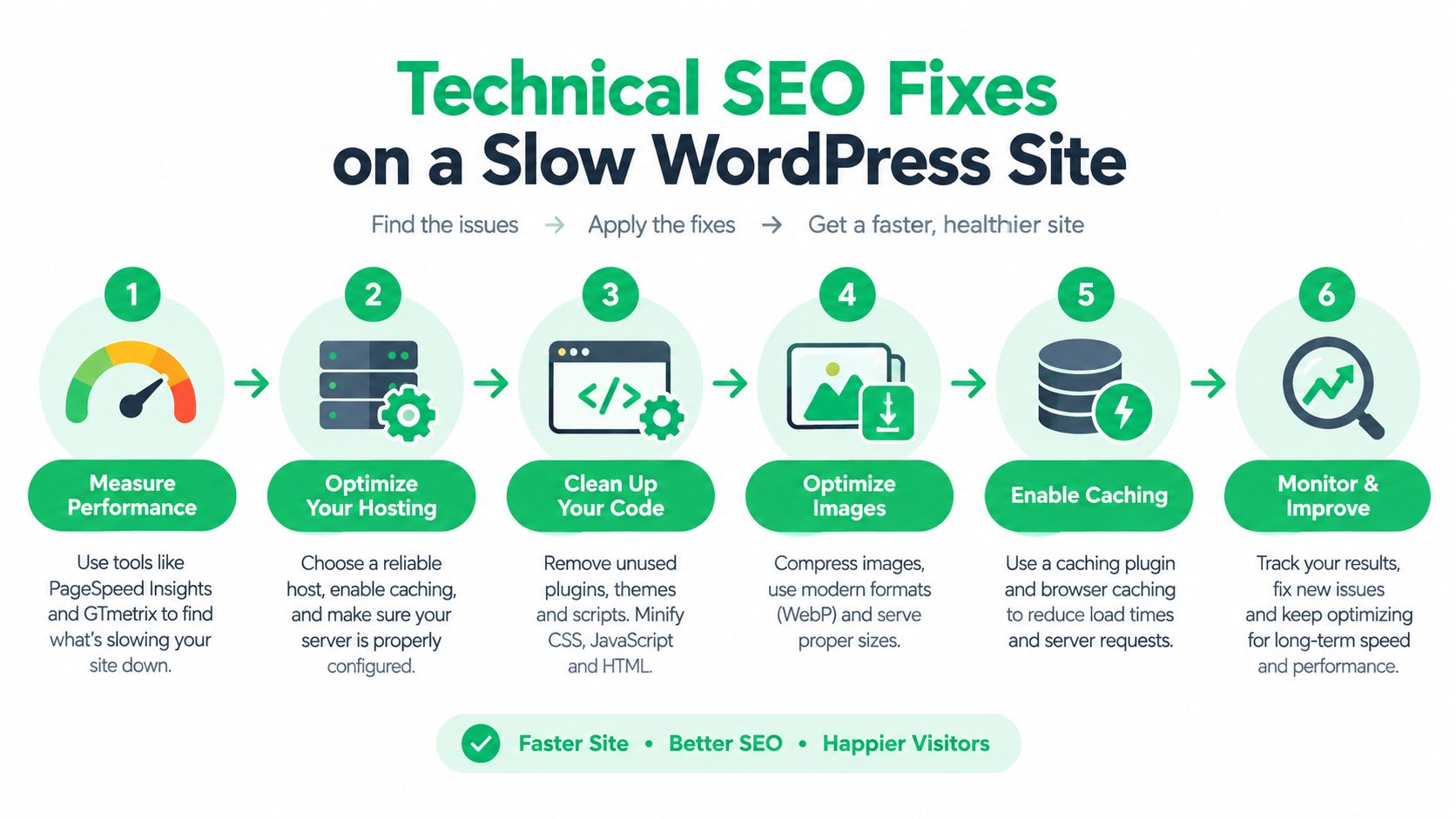 An infographic detailing six essential technical SEO steps to improve the speed of a WordPress website.
