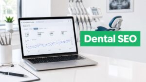 A laptop displaying Google Search Console analytics for dental SEO, with dental equipment visible in the background.