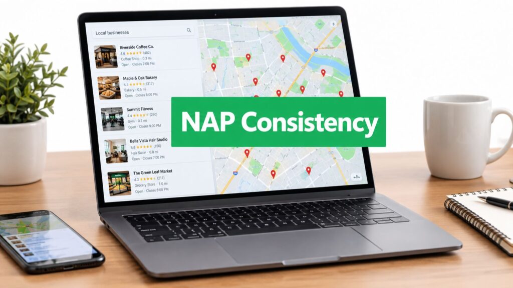 A laptop displays a map with local business listings and a prominent text overlay reading "NAP Consistency.