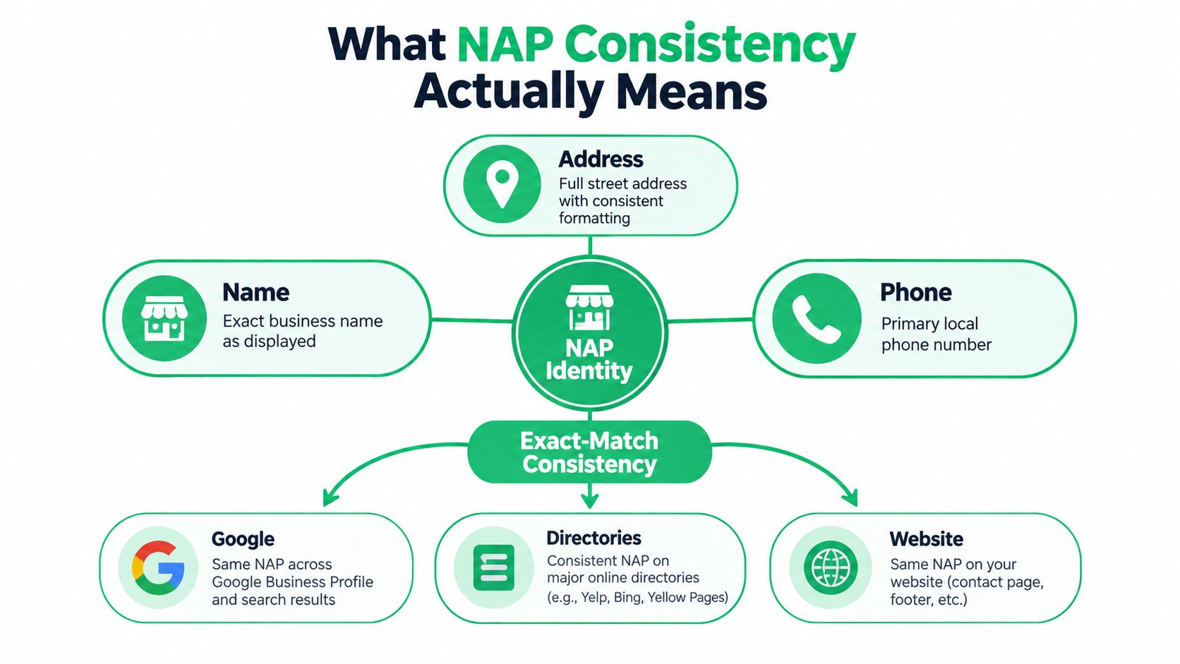 An infographic explaining NAP consistency, showing the core components of Name, Address, and Phone across various digital platforms.
