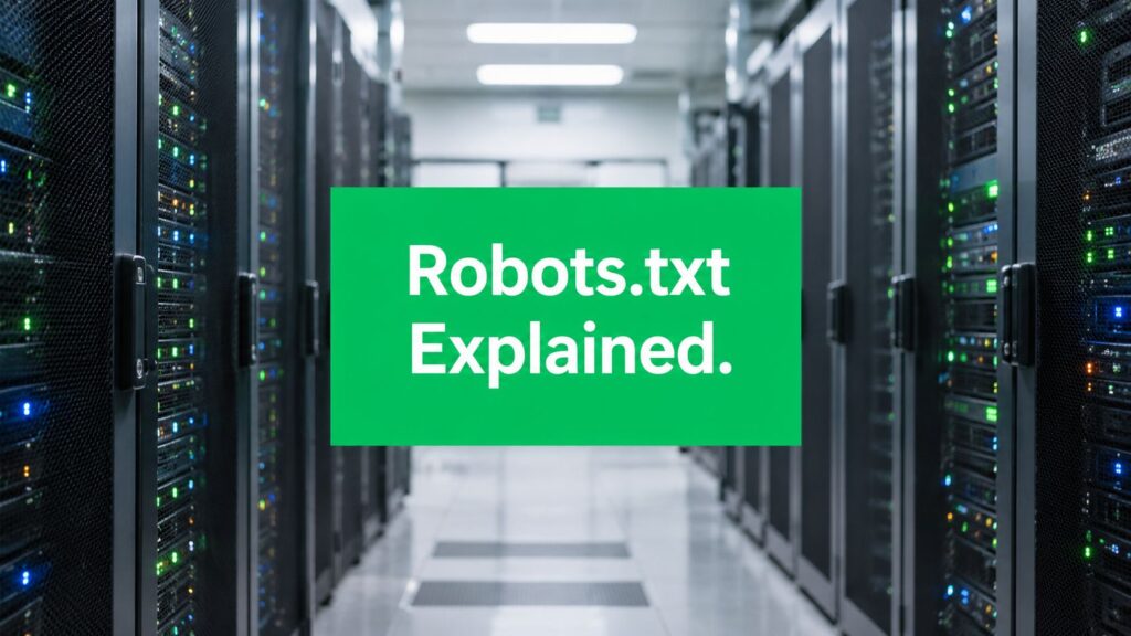 Server room filled with racks of servers, featuring a prominent overlay text: "Robots.txt Explained.