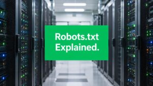 Server room filled with racks of servers, featuring a prominent overlay text: "Robots.txt Explained.