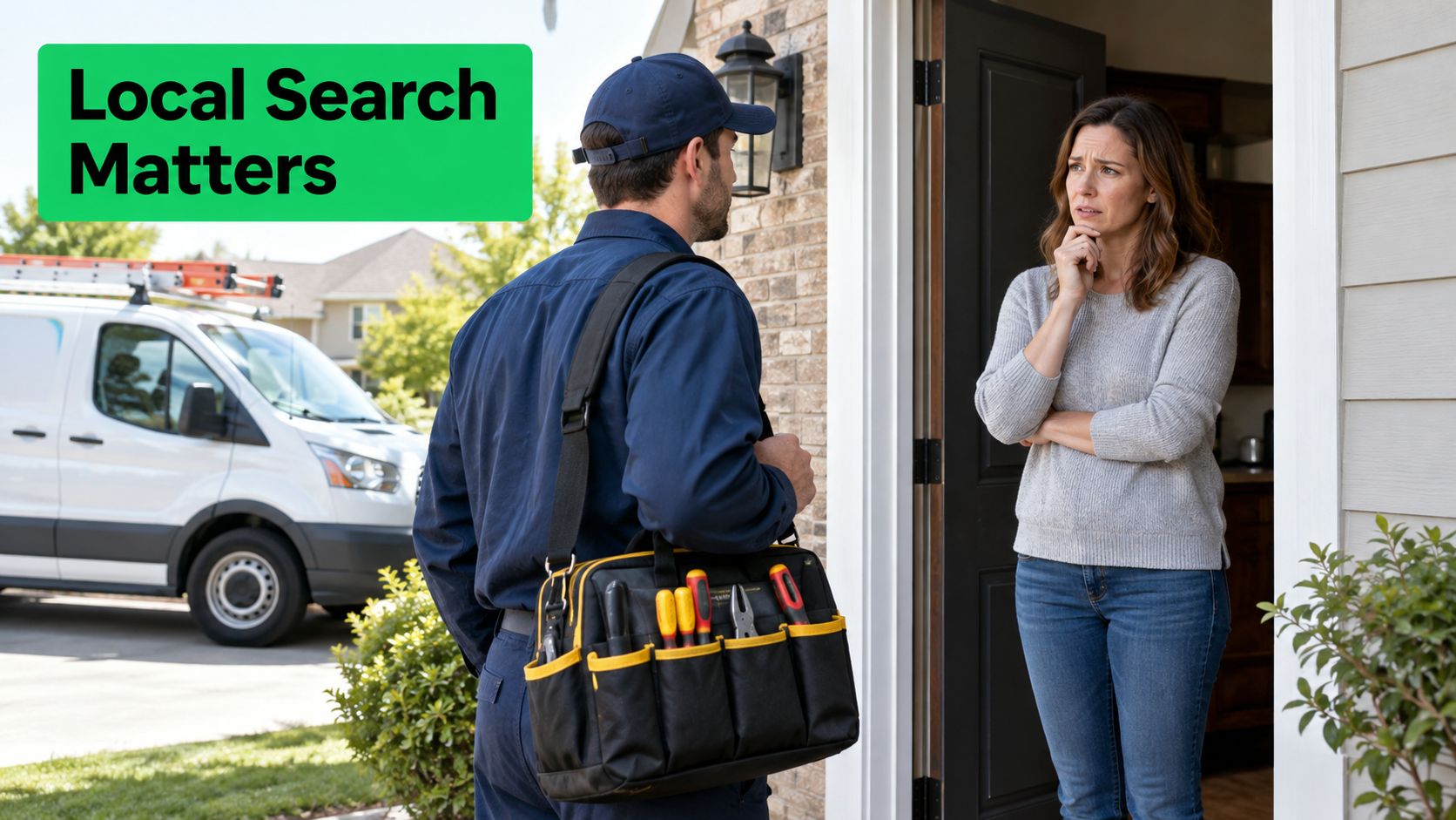 A professional electrician stands at a residential doorway talking to a concerned homeowner about home repairs.