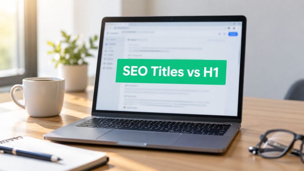 A laptop displays the text "SEO Titles vs H1" on its screen, with a coffee cup and notebook nearby.