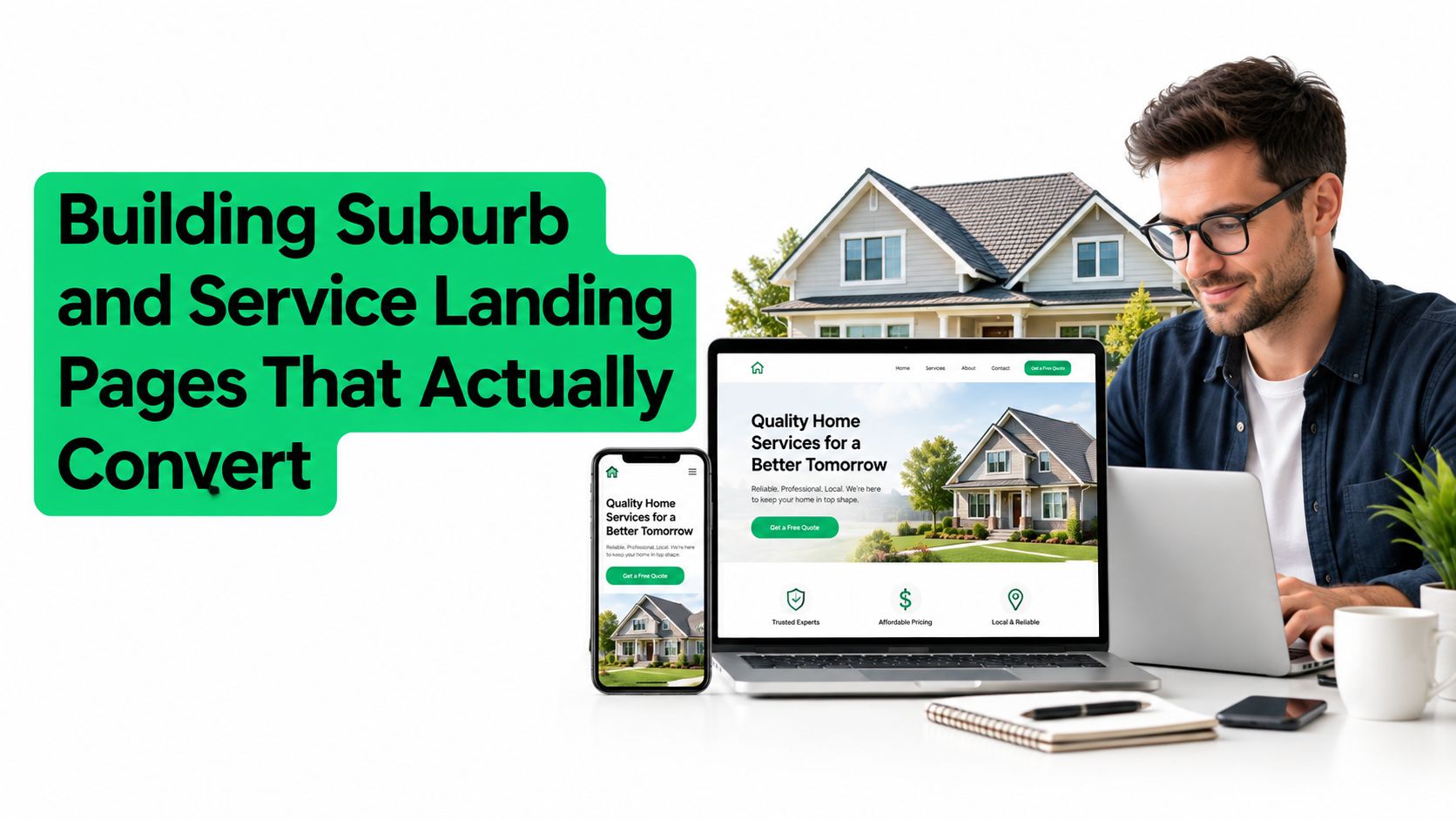 A professional man using a laptop to design home service landing pages for small business marketing.