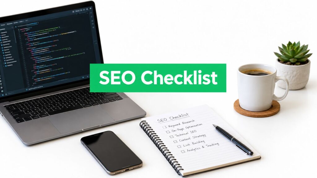 A laptop displays code next to a notebook with an SEO checklist, a smartphone, and a coffee cup on a table.