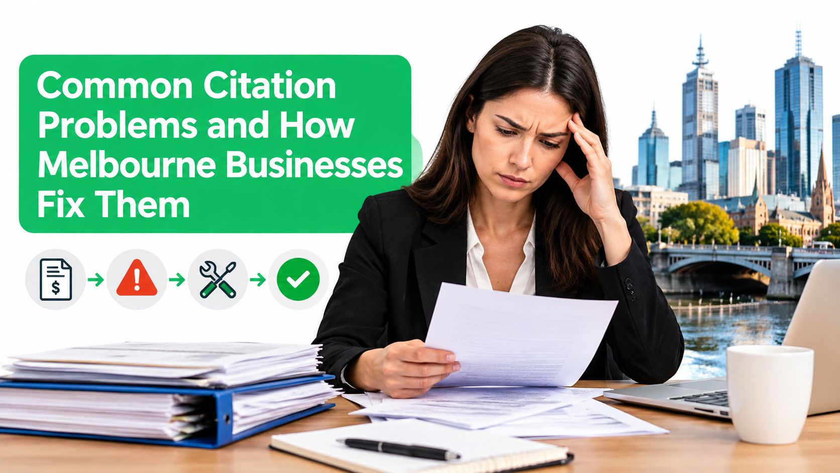 A businesswoman looking stressed at a desk while managing local citations for her Melbourne business.