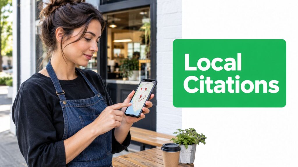 A woman in an apron uses a smartphone, exploring local citations while seated at a café with a coffee and plant.
