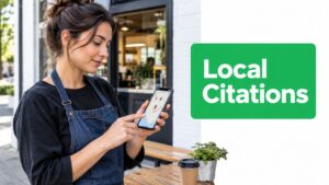 A woman in an apron uses a smartphone, exploring local citations while seated at a café with a coffee and plant.