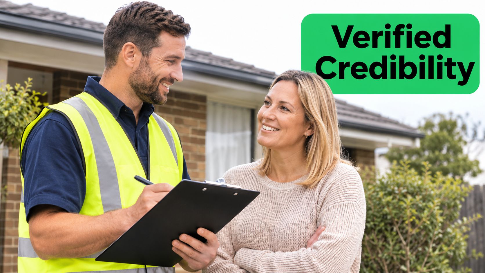 A professional construction worker talking to a homeowner while taking notes on a clipboard outdoors.