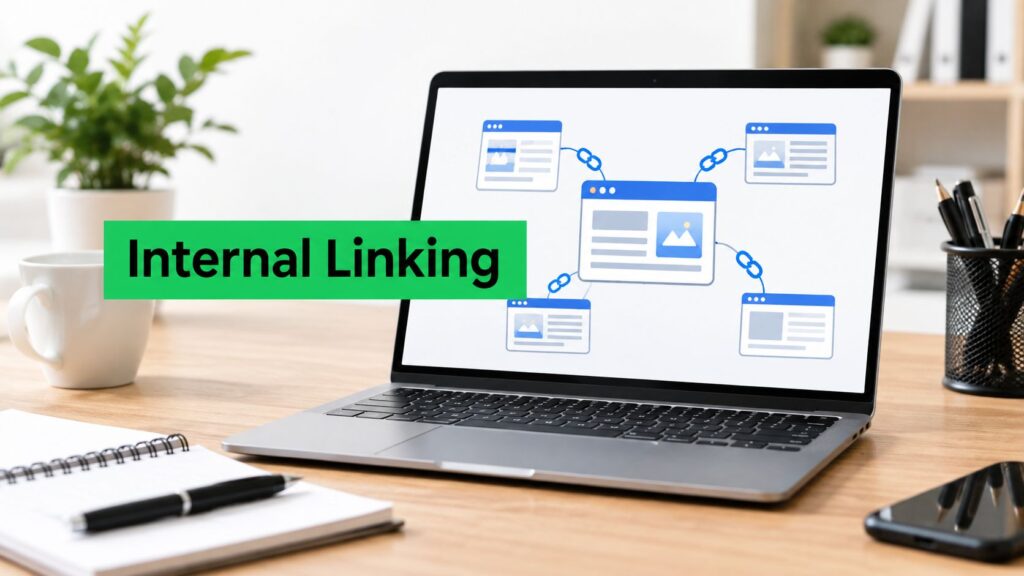 A laptop displays a diagram of internal linking concepts, emphasizing its importance for SEO.