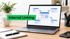 A laptop displays a diagram of internal linking concepts, emphasizing its importance for SEO.