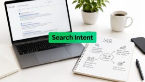 A laptop displays a Google search page next to a notebook outlining search intent concepts for SEO strategies.