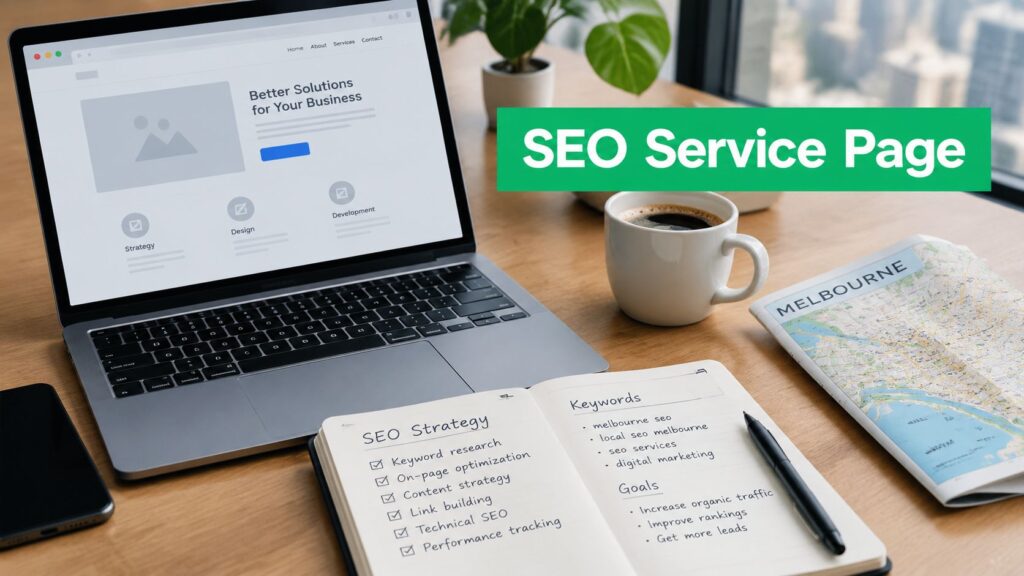 A laptop displays an SEO service page, accompanied by a notebook with strategies, a coffee cup, and a map of Melbourne.