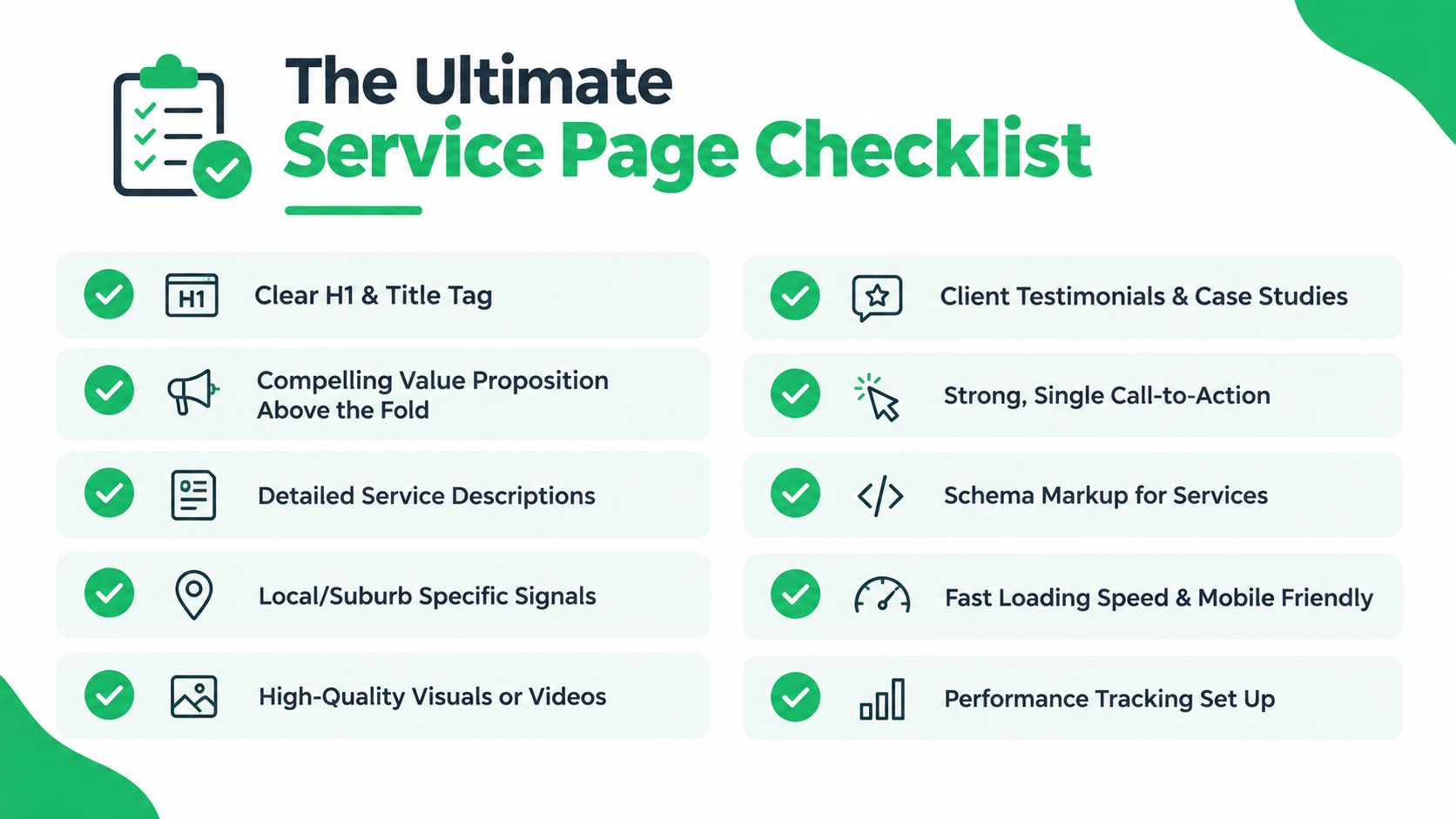 A checklist infographic titled The Ultimate Service Page Checklist listing ten essential elements for high-performing service pages.