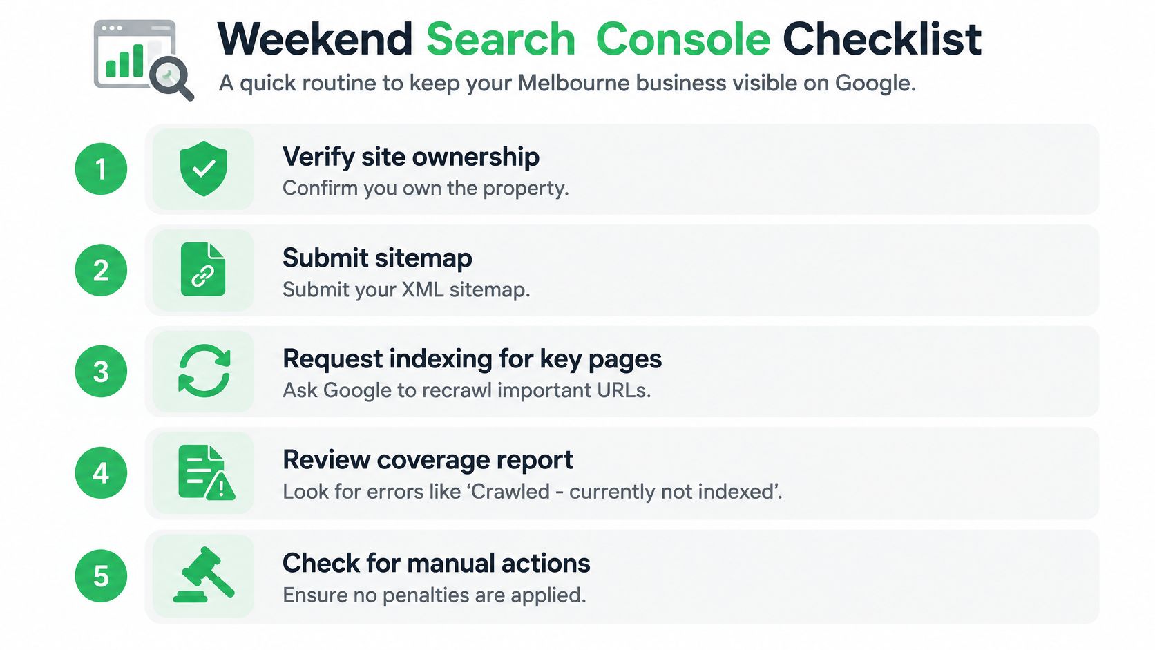 A five-step checklist for Google Search Console maintenance to improve website visibility for small businesses.