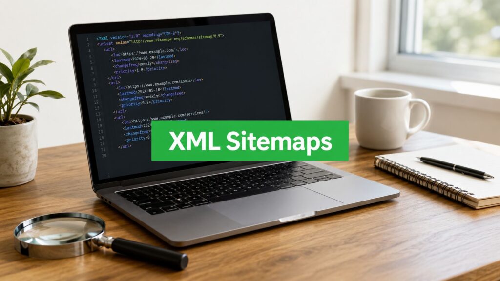 A laptop displays XML code for sitemaps on a wooden desk, accompanied by a magnifying glass, notebook, and coffee mug.