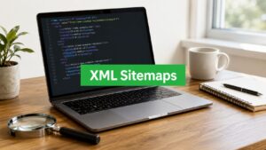 A laptop displays XML code for sitemaps on a wooden desk, accompanied by a magnifying glass, notebook, and coffee mug.